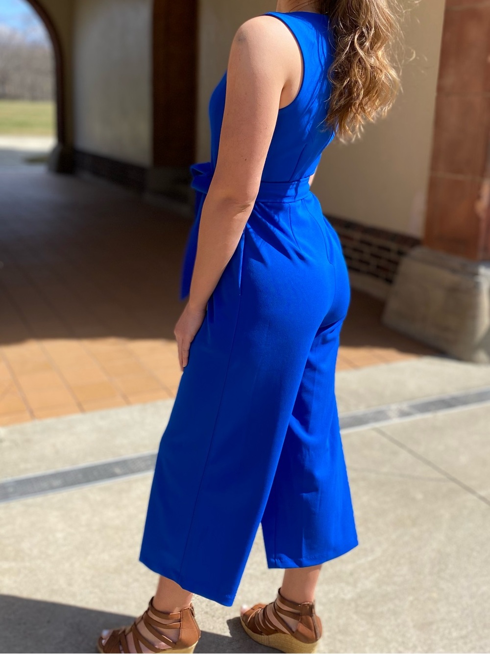 Calvin Klein Vibrant Blue Sleeveless V-Neck Belted Jumpsuit - Picture 2 of 6
